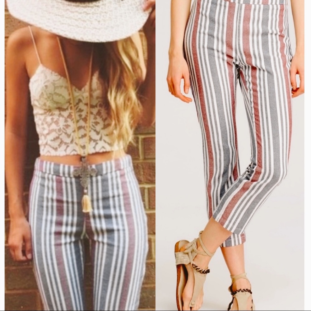 Free People Striped Linen Cropped Straight Pants